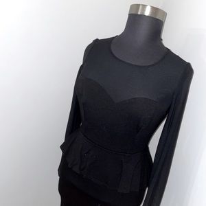 BEBE Black Peplum Sheer Sweetheart Dress